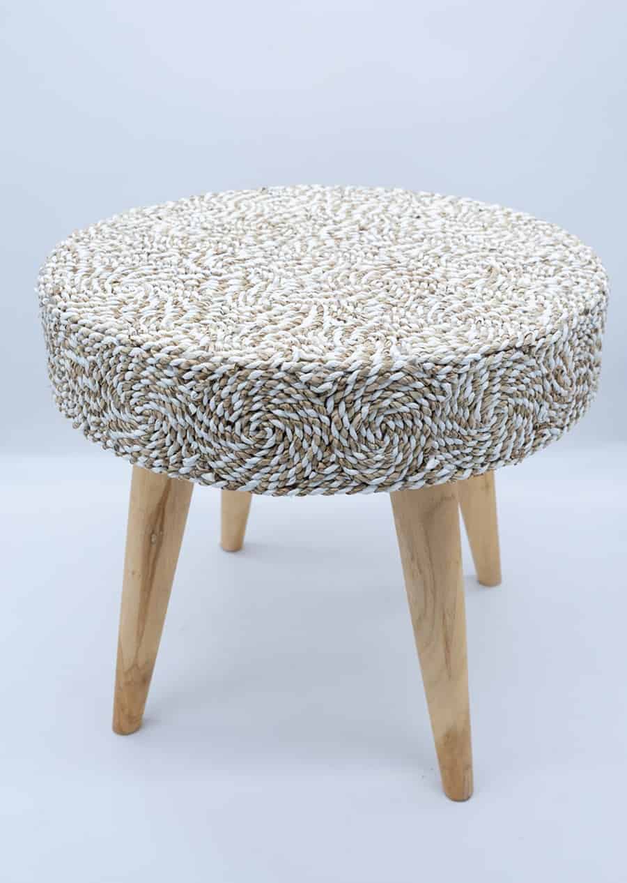 Tabouret en bois & raphia tressé - Déco exotique