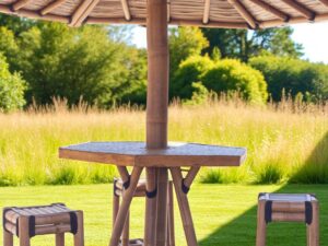 parasol table haute dans un jardin en extérieur